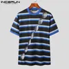 Men's T Shirts Casual Fashion Style Tops INCERUN Men Patchwork Striped Button T-shirts Streetwear Hollowed-out Short Sleeved Camiseta S-5XL