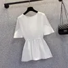 Women's Blouses L-4XL Large Size Lace Spliced Women Summer Loose Cut Out Oversize Shirts Butterfly Sleeve Drawstring Tops Female