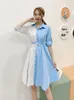 Casual Dresses Women Spring Summer Dress Button Belt Elegant Polo Collar High midja Single Breasted Stripe Contrast Color Shirt D2314