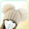 Winter Real Fur Ball Beanie Hat for Women Ladies Natural Raccoon Fur Pom Pom Skullies Beanie Hat With 2 Pompom