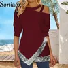 T-shirt da donna elegante con paillettes sulla spalla appesa al collo manica lunga casual top moda autunno donna t-shirt che tocca la camicia lady streetwear 230420