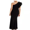 Robes de soirée noires formelles sirène robes de femmes élégantes et jolies une épaule longue robe de bal avec des fleurs faites à la main