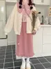 スカートHouzhou Kawaii Pink Corduroy Long Skirt女性日本のファッションかわいいハイウエストスプリットボウストレートミディスカートの女の子秋p230420