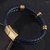 Bracelets de charme Mode en acier inoxydable magnétique hommes croix Bracelet bleu véritable cuir tressé Punk bracelets bijoux accessoires PD1028