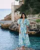 Casual Dresses Women Organic Cotton Blue Floral Printed Puff Short Sleeve Waist Laceup Long Dress 230420