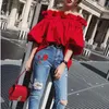 Herrbadkläder Autumn Fashion Pure Color Lantern Sleeve Minute Lotus Leaf Side Off Axla Top Slash Neck Streetwear Red Female Tops 230420