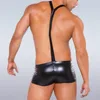 Calças de couro masculino calças de couro masculino boxer sexy malha longa macacão femme roupas de sexo renda transparente