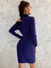 Casual jurken 2023 Women Blue Turtleneck Lange mouw Solid Vestidos Celebrity Evening Party Bandage Jurk Groothandel