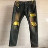 Jeans Pants Washing Ripped High Street Fashion Detail Knee Black Letter Embroidery Men Slim Vintage Denim Jean YESU