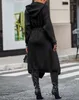 Kadın Trençkotları Kapüşonlu Ceket Ceketleri 2023 Sonbahar Uzun Siyah Patchwork Kirk Açık Ön Talı