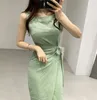 Casual Dresses Retro Sleeveless Cotton And Linen Women Dress Summer One-piece Slim Waist Lace-up Female Long Vestidos Femme Green 2023