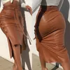 Faldas Moda Invierno Negro Rojo Cuero para Mujer Split y Slim Midi Buttock Wrap PU 230420