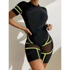 One Piece Swimsuit Women 2023 Ny kontrast Mesh Sport badkläder Female Rands Zip Front Monokini Athletic Beach Bathing Suit Swimone-Piece Suits