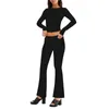 Women's Two Piece Pants Women 2 Suit Slim Fitted Elegant Long Sleeve Crew Neck T-shirt With Low Waist Flare Office Outfit