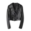 Women's Leather 2023 Genuine Jacket Spring And Autumn Top Layer Lambskin Short Style Small Coat Black Motorcycle