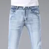 Jeans masculinos designer primavera verão homens finos slim fit europeu americano high-end marca pequena reta dupla o calças F211-3 k47x