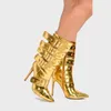 Boots Fashion Runway Belt Buckle Pointed Golden Black Mid calf 2023 European American Slim High Heel s Shoes Size 43 231120