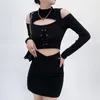 Women's T Shirts Streetwear Grunge Dark Cold Shoulder Black T-shirts Women Lace Up Skinny Crop Top Cut Out Sexy Gothic Clothes