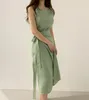 Casual Dresses Retro Sleeveless Cotton And Linen Women Dress Summer One-piece Slim Waist Lace-up Female Long Vestidos Femme Green 2023