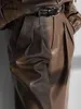 Calças femininas de duas peças Oymimi moda marrom pu couro 2 peças define roupa feminina inverno manga comprida camisa com capuz com calças de cintura alta conjunto feminino 231118