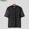 Men's T Shirts 2023 Men Shirt Mesh Striped O-neck Short Sleeve Sexy Clothing Streetwear Transparent Korean Fashion Tee Tops S-5XL INCERUN