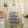 Work Dresses Two-piece Set Long Sleeve White Shirt Japan JK Plaid Skirt Students Bow Short High Waist Pleated Skirts Women Spring Suits