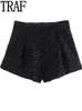 Women's Shorts TRAF Black Sequin Shorts Women Velvet Bermuda Shorts Woman Casual High Waist Shorts for Women Fall Streetwear Short Pants Women 230420