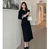 Work Dresses Korea Elegant Women Black Matching Set French Vintage Coat Midi Skirt Fashion OL Patchwork 2PCS Retro Office Lady Outfits