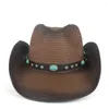 Brede rand hoeden vrouwen mannen holle westerse cowboy hoed dame zomer stro turquoise riem sombrero hombrero strand strand cowgirl jazz zon maat 57-59 cm