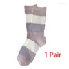 Women Socks Fashion Purple Style Embroidery Letter Stripe Long Cotton Soft Harajuku Female Casual Japanese Breathable