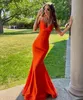 Orange Mermaid Prom Dresses Empire Waist Evening Gowns Halter Neck Lace Up Back Special Occasion Satin Formal Wear