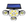 Buitenwandlamp zonnelampen, 144 LED -bewegingssensor overstromingslicht, 4 koppen met 3 modus, IP65 waterdichte, beveiligingslichtgarage veranda werf camping geïntegreerde schemering tot zonsopgang