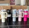 ABD Stoku 1: 1 Logo Tumblers H2.0 40oz Paslanmaz Çelik Kaplar Silikon Saplı Kapak ve Samanlı Büyük Kapasiteli Araba Kupaları Vakum Yalıtımlı Su Şişeleri I1211