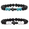Charm Bracelets 15pcs Black Lava Stone Beads Turquoise Cross Bracelet DIY Essential Oil Diffuser Stretch Jewelry For Women Men