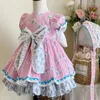 Mädchen Kleider 2023 Sommer Baby Vintage Spanisch Gedruckt Prinzessin Kleid Kinder Puff Sleeve Bogen Nähte Ballkleid Party