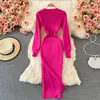 Casual Dresses 2023 Autumn Design Women's O-neck Long Sleeve Candy Color Knitted Bodycon Tunic Vent Jag Sexy Sweater Midi Dress