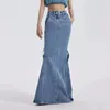 Юбки мода открытая длинная юбка 2023 Летняя рыбная хвост с высокой талией тощая джинсовая половина тела y2kwomen 230420