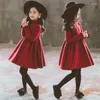 Girl Dresses Girls 'Red Sweater Autumn and Winter Velvet vadderad klänning Fashionabla barns stickade prinsessa 4-6Y 7-12Y