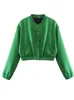 Kadın Ceketleri Zrack Yağmur Kadınlar Yeşil Satin Beyzbol Ceketi 2023 Sonbahar Vintage Sıradan Tek Göğüslü Ceket Yüksek Sokak İnce Kadın Şık