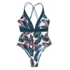 Women's Swimwear 2023 Women Fashion Leaf Print Bikini Sexy Open Back Neckline One Piece Swimsuit Saida Praia Feminina