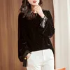 Damen Blusen Herbst Winter Frauen Seide Samt Schwarzes Hemd Elegante Mode Oansatz Langarm Patchwork Vintage Büro Dame Lässig Lose