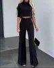 Women's Two Piece Pants 2023 Spring And Autumn Fashion Small High Neck Slim Fit Set Solid Pocket Micro Horn For Office Lady