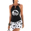 Abiti casual Cravatta con albero di cocco Collo a buco della serratura Mini abito senza maniche Canotta sexy da donna Slim Fit Beach Sundress corto Summer Black