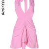 Casual Dresses Boofeenaa Y2K Pink Backless Drop Midjeklänning Asymmetriska Ruched Deep V Halter Mini Women Sexig Club Outfits C82 CC22 230420