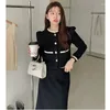 Work Dresses Korea Elegant Women Black Matching Set French Vintage Coat Midi Skirt Fashion OL Patchwork 2PCS Retro Office Lady Outfits