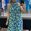 Casual Jurken Elegante Zomer Stiksels Ruche Zoom Lange Jurk Vrouwelijke Losse Mouwloze Party Damesmode Halter Print Blauwe Maxi