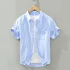 Erkekler Sıradan Gömlek Gri Çizgili Kısa Kollu Gömlek Erkekler Günlük Dönüş Yastık Tops Adam Yaz Yeni Moda Düğmesi Gömlek Giyim 230420
