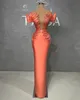 Fashion Orange Mermaid Prom Dresses Sheer V Neck Party Dresses Beading Unik skräddarsydd aftonklänning