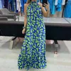 Casual Jurken Elegante Zomer Stiksels Ruche Zoom Lange Jurk Vrouwelijke Losse Mouwloze Party Damesmode Halter Print Blauwe Maxi