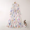 2023 Multicolor Floral Print Belted Dress Long Sleeve Stand Collar Panelled Long Maxi Casual Dresses A3A101459